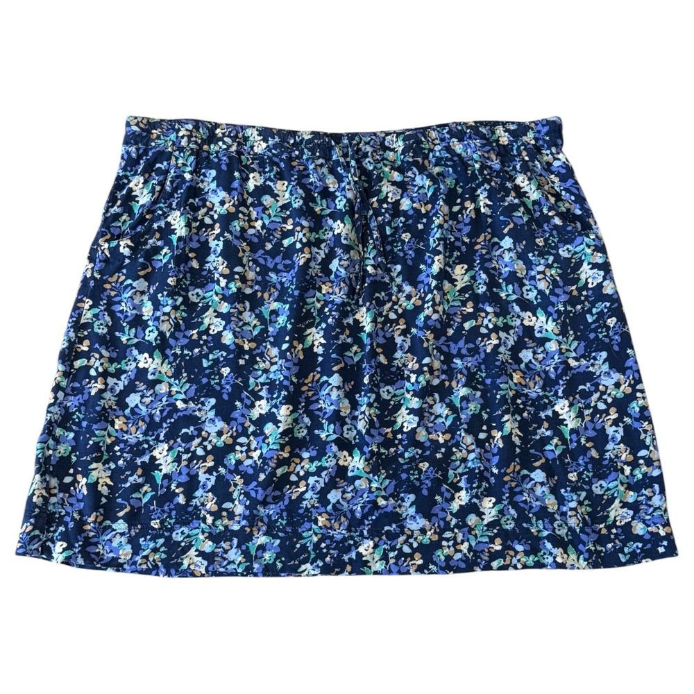 Eddie Bauer XXL Navy Blue Floral Rayon Elastic Drawstring Waist Skirt Pockets‎